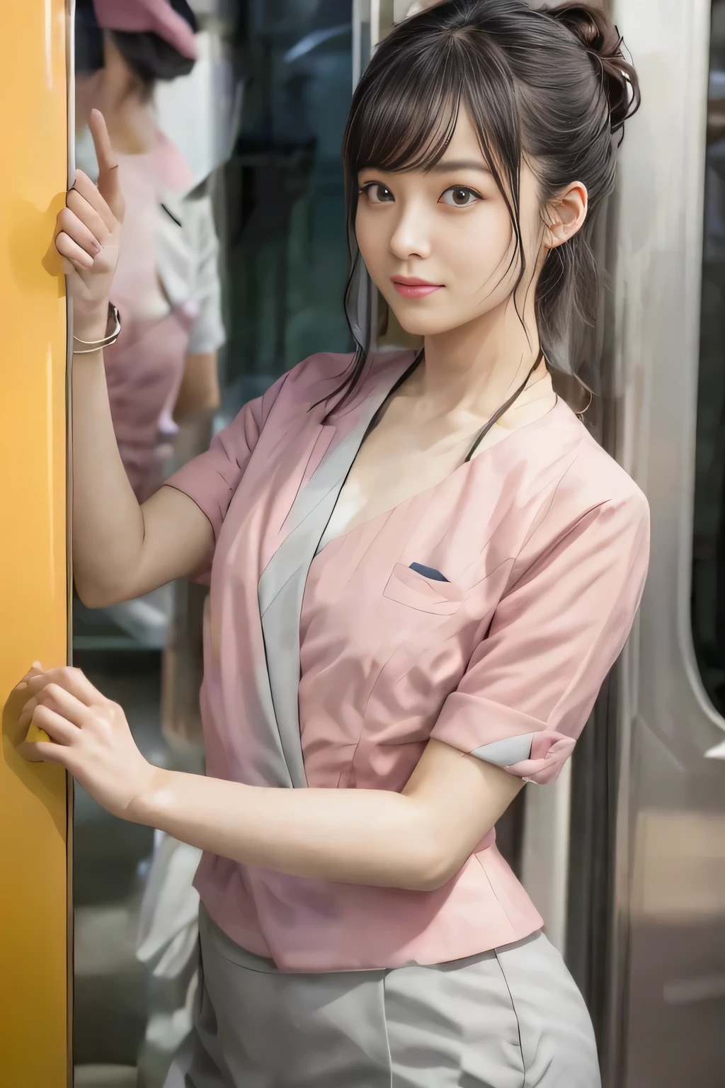 (masterpiece:1.2, Highest quality:1.2), 32k HDR, High resolution, (alone、1 girl)、 (Height: 160cm)、（On the rooftop of a building in the daytime、Professional Lighting）、Building rooftop background、（Nankai train crew uniform pinkを着たリアルスタイル）、（Nankai train crew uniform pink short sleeve collarless pink jacket、Nankai Train Crew Uniform Pink Collarless Short Sleeve Blouse、Nankai Train Crew Uniform Pink Grey Knee-length Culottes）、（The pink jacket is showing from the culottes.）、Dark brown hair、（Hair tied up、Hair tied up、Evening curly hairstyle）、Dark brown hair、Long Shot、Big Breasts、Thin legs、（（Great hands：2.0）），（（Harmonious body proportions：1.5）），（（Normal limbs：2.0）），（（Normal finger：2.0）），（（Delicate eyes：2.0）），（（Normal eyes：2.0））)、smile、（Nankai Train Crew Uniform Pink Grey Knee-length Culottesを見せた美しい歩く姿）、Place your hands around your stomach、Lanyard employee ID card