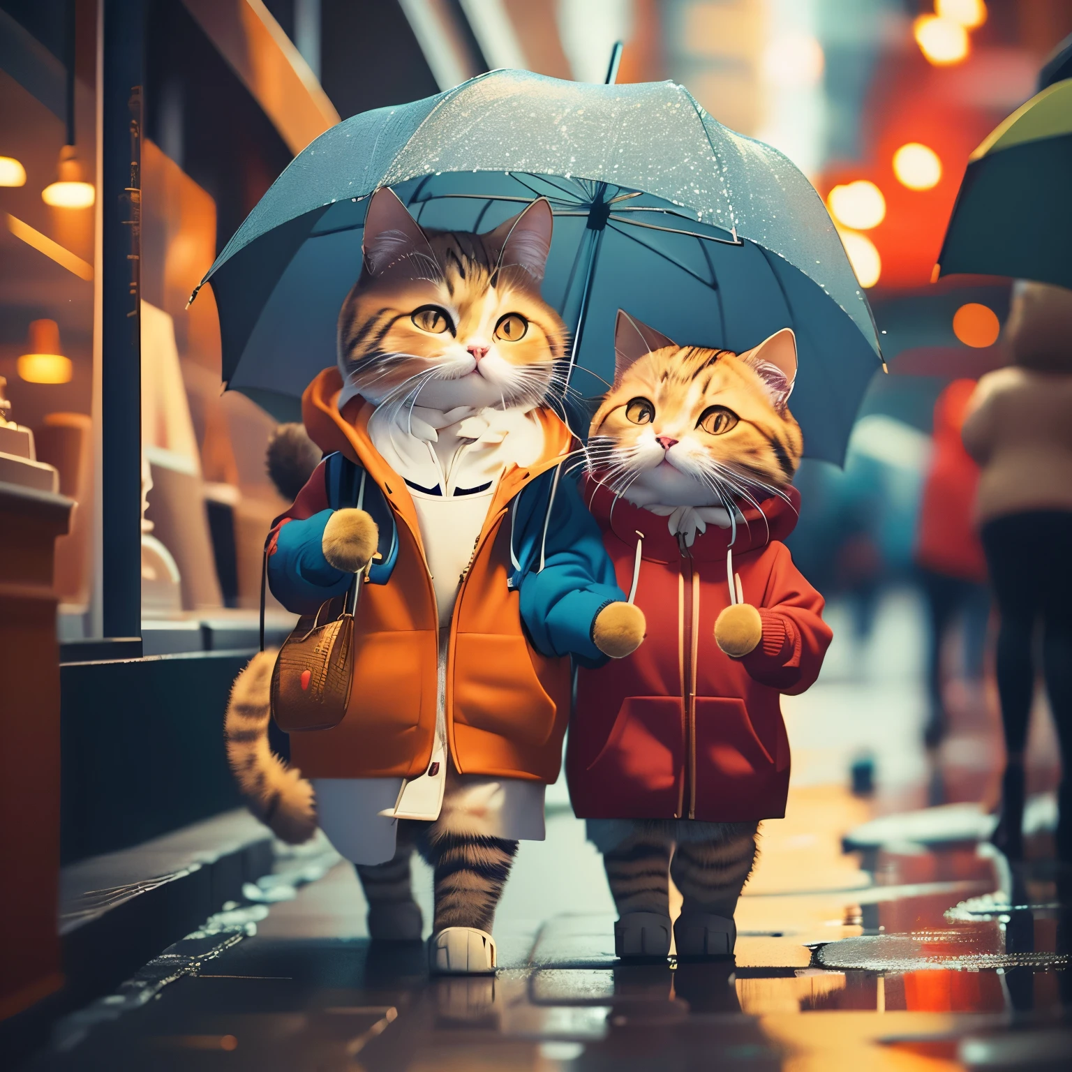 Fluffy brown cat, Very detailed cat and fur, Wearing a blue and red hoodie,Walking around the city with an umbrella in hand, Highly detailed images, Kodak 400, Atmospheric light, 50mm lens