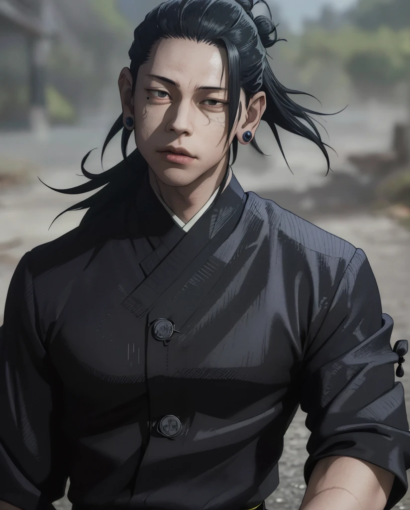 ((masterpiece, best quality)), (1boyl), (solo), (male focus),  Geto\(jujutsu kaisen\),(very detailed face, real image, realistic skin, realistic body, intricate details), upper body, focus on face, dark eyes, , black hair, hair tied, far sleeve shirt, black pant