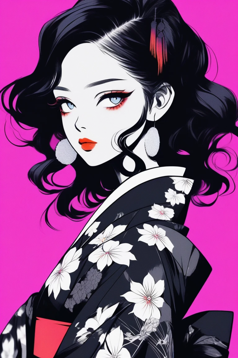 (best quality, sketch:1.2),realistic,illustrator,anime,1 girl, detailed lips, kimono,custom, neon gradient, dark background,neon hair,textured cropping, masterpiece, style retro classic, noir style , Japanese style, ((monochrome))