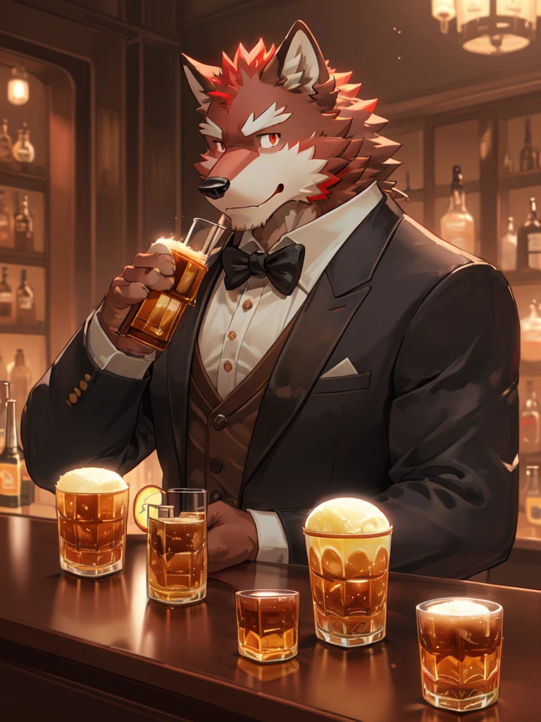 Best quality, diederich olsen (/knights college/), wolf, kemono, nj5furry, Red Fur, Red eyes, Medium Muscular Body, Solo, A charming bartender, elegant Pose, suit, Fierce eyes, Smille, a dimly lit bar, (meticulously garnishing aged whisky in highball glass:1.5), behind the counter