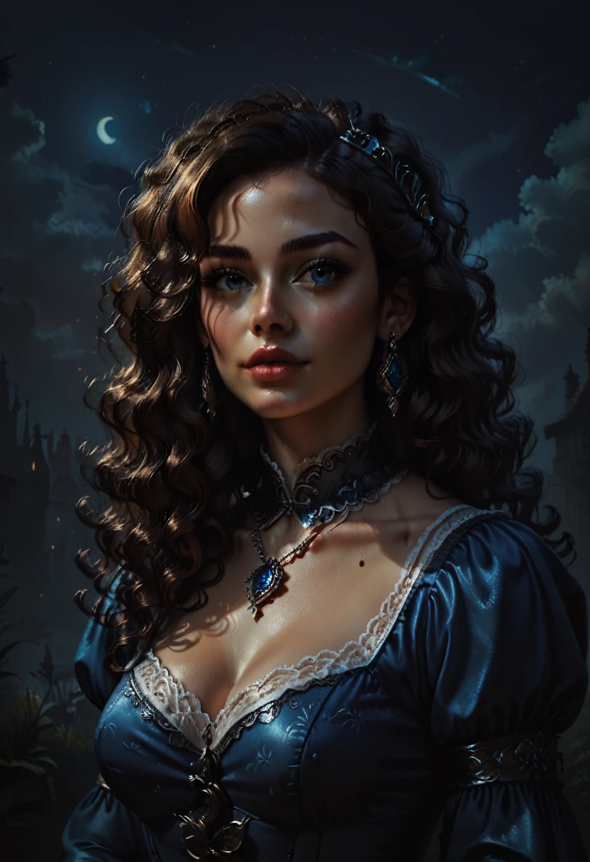 score_9, score_8_up, score_7_up, score_6_up, rating:safe, 1girl, solo, black_hair, wavy_hair, jewelry, dress, blue_eyes, earrings, long_hair, looking_at_viewer, curly_hair, upper_body, lips, lace, blue_dress, (night:1.3), cxqz8r, medieval