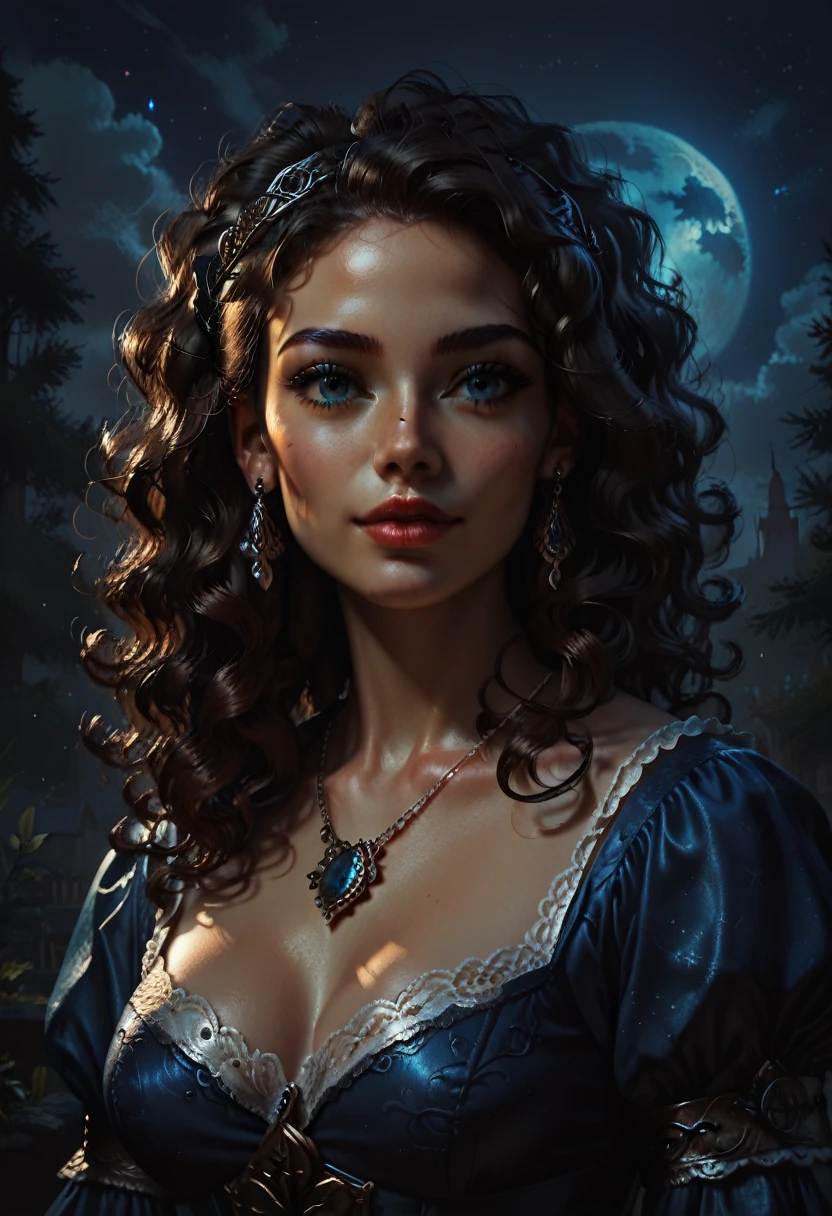 score_9, score_8_up, score_7_up, score_6_up, rating:safe, 1girl, solo, black_hair, wavy_hair, jewelry, dress, blue_eyes, earrings, long_hair, looking_at_viewer, curly_hair, upper_body, lips, lace, blue_dress, (night:1.3), cxqz8r, medieval