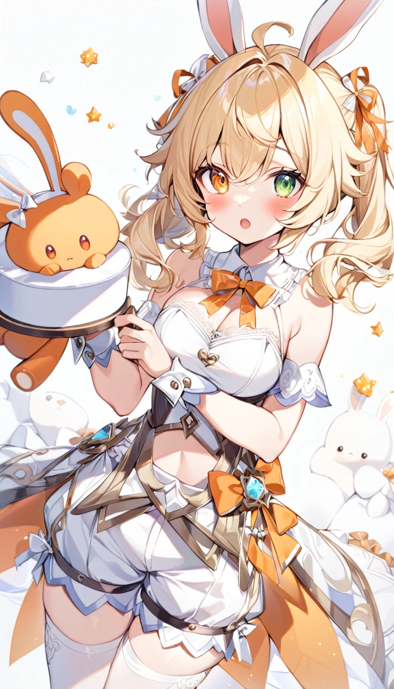 1girl, animal ears, bangs, bare shoulders, blonde hair, blush, bow, breasts, white cleavage, cropped torso, , green eyes, hair ribbon, heterochromia, holding,looking at viewer, open mouth, orange bow, orange eyes, orange ribbon, rabbit ears, ribbon, solo, stuffed animal, stuffed bunny, stuffed toy, twintails, upper body, full-length, white legbands, white shoes with lace and white bows, white background, wrist cuffs, yellow eyes, bloomers, close-up, fair skin frills, lace, midriff, skirt, solo, , white background,shorts, white top with ribbon and lace and trousers,trousers, genshin,white slippers with a bow,All clothes are white, laceAt full height, it stands