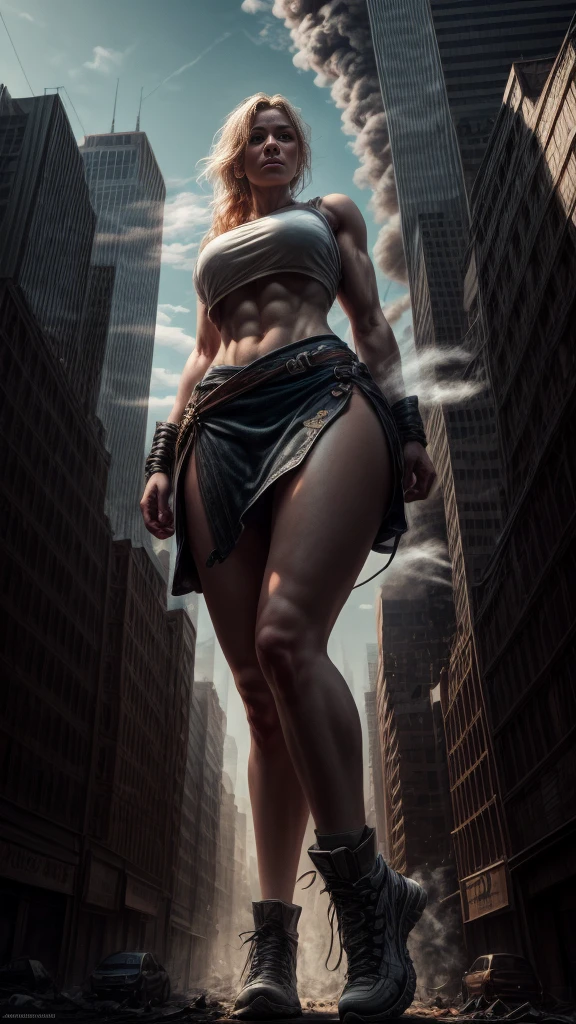 [documentary photo of "A towering blonde Giantess in a cool and laid-colorful hippie style is rocking a white crop top and baggy red skirt. (barely visible white panties). Her toned and athletic build hints at her massive strength. She seems to be casually strolling through the bustling cityscape of GTS City, as towering buildings loom overhead. Smoke and clouds roil around her, adding to the sense of epic scale and drama. The front lighting is dark, gloomy, and realistic, creating a tense and ominous atmosphere. The perspective is from below, emphasizing the sheer majesty and power of the Giantess.".], 
[8K, Best Quality, Masterpiece, Ultra High Resolution, (highly detailed CG unity 8k wallpaper), (best illustration), (best shadows), isometric 3D, octane rendering, ray tracing, highly detailed, (wide panoramic view: 1.1), (Best quality, 4K, 8 k, high resolution, masterpiece:1.2), absurdity, masterpiece, ultra detailed, (realistic, photorealistic, photorealistic:1.37), complex parts, HDR, (complex parts:1.12), (hyper detailed, hyper realistic, Soft lighting, spicy:1.2), beautiful figure, Magnificent Anatomy, (complex part, Hyper detailed:1.15). Blurred foreground., (Front lighting), realistic, masterpiece, high quality, brightness, chromatic aberration, by Jeremy Lipking, by Antonio J. Manzanedo, 8k uhd, smoke, shadows, contrast, clear sky, looking_at_viewer, (warm hue, warm tone), high details, natural skin pores]. 