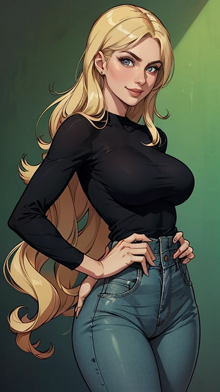 35 years old woman, very long blonde hair down to the waist and half curly with bangs, breasts small, big eyes with a passionate shine, honey green eyes, A beautiful smile, wearing a long black t-shirt with a green feminine suit and jeans, in a serious and sweet comic-style pose, high qualiy