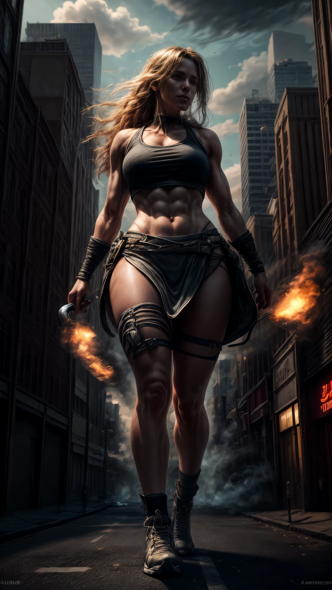 [documentary photo of "A towering blonde Giantess in a cool and laid-colorful hippie style is rocking a white crop top and baggy red skirt. (barely visible white panties). Her toned and athletic build hints at her massive strength. She seems to be casually strolling through the bustling cityscape of GTS City, as towering buildings loom overhead. Smoke and clouds roil around her, adding to the sense of epic scale and drama. The front lighting is dark, gloomy, and realistic, creating a tense and ominous atmosphere. The perspective is from below, emphasizing the sheer majesty and power of the Giantess.".], 
[8K, Best Quality, Masterpiece, Ultra High Resolution, (highly detailed CG unity 8k wallpaper), (best illustration), (best shadows), isometric 3D, octane rendering, ray tracing, highly detailed, (wide panoramic view: 1.1), (Best quality, 4K, 8 k, high resolution, masterpiece:1.2), absurdity, masterpiece, ultra detailed, (realistic, photorealistic, photorealistic:1.37), complex parts, HDR, (complex parts:1.12), (hyper detailed, hyper realistic, Soft lighting, spicy:1.2), beautiful figure, Magnificent Anatomy, (complex part, Hyper detailed:1.15). Blurred foreground., (Front lighting), realistic, masterpiece, high quality, brightness, chromatic aberration, by Jeremy Lipking, by Antonio J. Manzanedo, 8k uhd, smoke, shadows, contrast, clear sky, looking_at_viewer, (warm hue, warm tone), high details, natural skin pores]. 