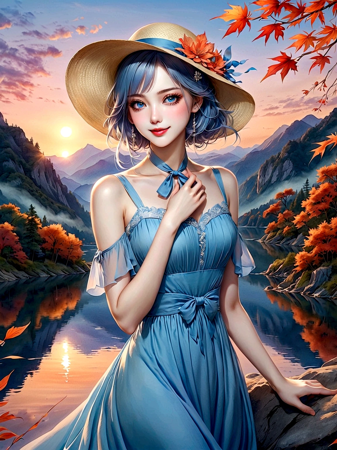 ((masterpiece, best quality))，(Very detailed)，(watercolor:1.2), 1 cute girl，straw hat，flowering，Light blue hair，Very long hair，Water blue eyes，flat chest，shut your mouth，Smile，(A blue dress:1.3)，Bare shoulders，bow tie，Side Angle，Autumn scenery，Leaving is，maple，dusk，River bank，reflection on the lake，The sky is full of colors，Orange-red sunset，The afterglow diverges，Mountain，远Mountain，contour， (Vibrant colors，Warm light source:1.2), (forest，Bare branches:1.2，(Very detailed CG unity，8k wallpaper)，(Implications：1.0)，Intricate details，Epic Works，Realistic lighting，High-resolution details，(Beautiful wildlife and natural wonders，Lights shine)，(((Anatomically correct, precise, High Detail, best quality)))，Dark theme elements, Pencil Sketch