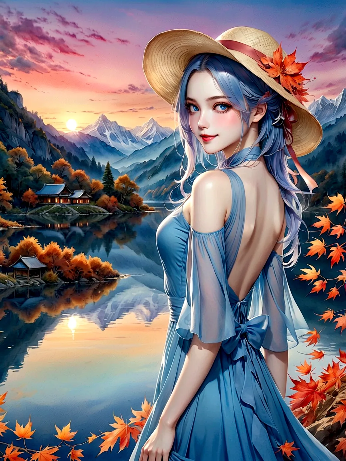 ((masterpiece, best quality))，(Very detailed)，(watercolor:1.2), 1 cute girl，straw hat，flowering，Light blue hair，Very long hair，W...