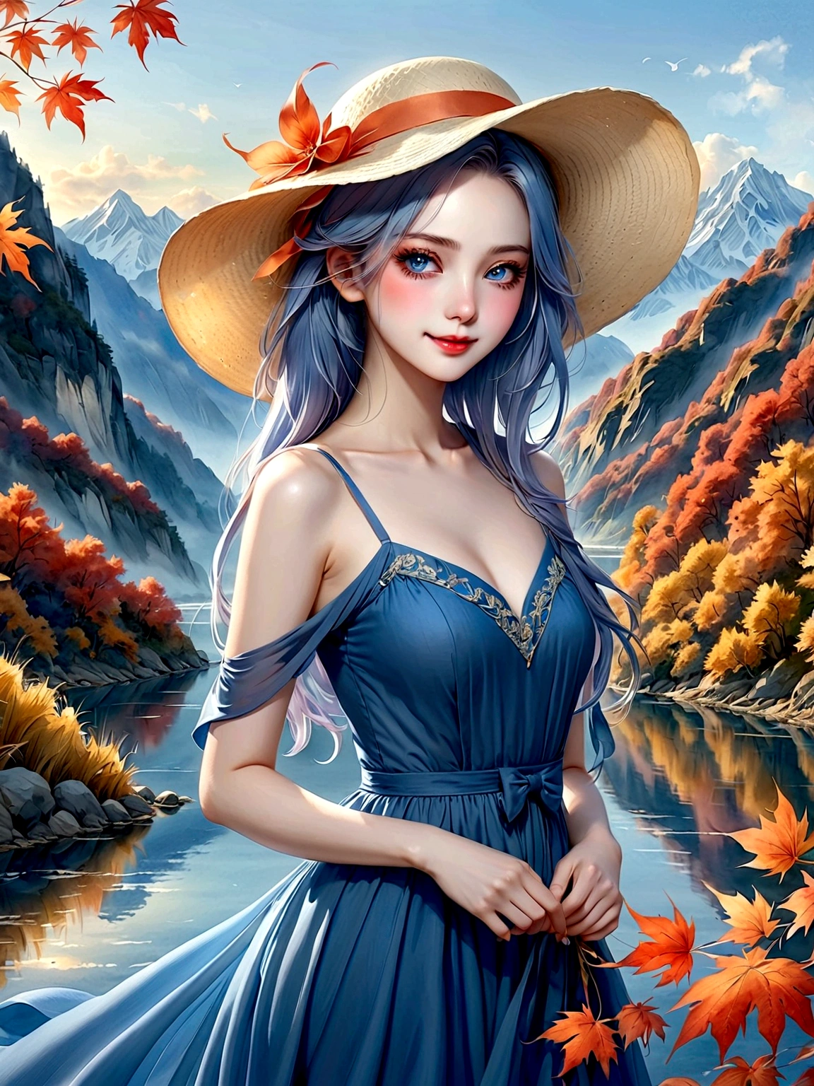 ((masterpiece, best quality))，(Very detailed)，(watercolor:1.2), 1 cute girl，straw hat，flowering，Light blue hair，Very long hair，Water blue eyes，flat chest，shut your mouth，Smile，(A blue dress:1.3)，Bare shoulders，bow tie，Side Angle，Autumn scenery，Leaving is，maple，dusk，River bank，reflection on the lake，The sky is full of colors，Orange-red sunset，The afterglow diverges，Mountain，远Mountain，contour， (Vibrant colors，Warm light source:1.2), (forest，Bare branches:1.2，(Very detailed CG unity，8k wallpaper)，(Implications：1.0)，Intricate details，Epic Works，Realistic lighting，High-resolution details，(Beautiful wildlife and natural wonders，Lights shine)，(((Anatomically correct, precise, High Detail, best quality)))，Dark theme elements, Pencil Sketch