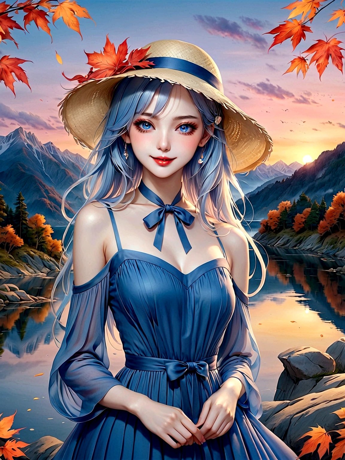 ((masterpiece, best quality))，(Very detailed)，(watercolor:1.2), 1 cute girl，straw hat，flowering，Light blue hair，Very long hair，Water blue eyes，flat chest，shut your mouth，Smile，(A blue dress:1.3)，Bare shoulders，bow tie，Side Angle，Autumn scenery，Leaving is，maple，dusk，River bank，reflection on the lake，The sky is full of colors，Orange-red sunset，The afterglow diverges，Mountain，远Mountain，contour， (Vibrant colors，Warm light source:1.2), (forest，Bare branches:1.2，(Very detailed CG unity，8k wallpaper)，(Implications：1.0)，Intricate details，Epic Works，Realistic lighting，High-resolution details，(Beautiful wildlife and natural wonders，Lights shine)，(((Anatomically correct, precise, High Detail, best quality)))，Dark theme elements, Pencil Sketch