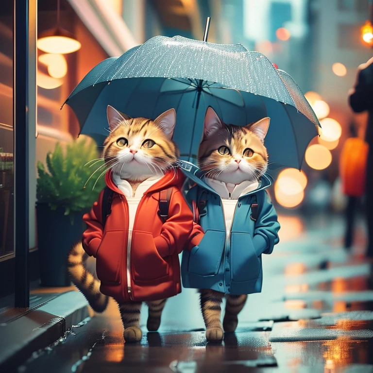 Fluffy brown cat, Very detailed cat and fur, Wearing a blue and red hoodie,Walking around the city with an umbrella in hand, Highly detailed images, Kodak 400, Atmospheric light, 50mm lens
2匹の猫