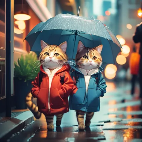 Fluffy brown cat, Very detailed cat and fur, Wearing a blue and red hoodie,Walking around the city with an umbrella in hand, Hig...