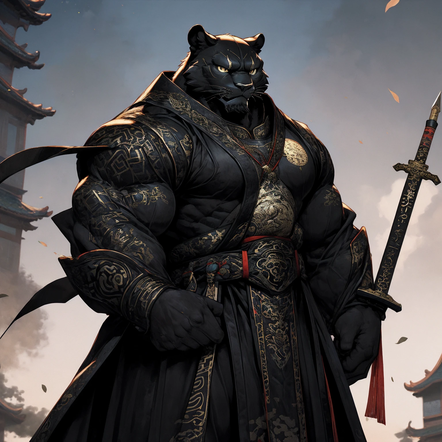 (Black Panther),(Black combat robe),Holding a spear,Powerful gesture,Stand confidently and proudly,Chinese style general holding a sword looking into the distance Longcheng middle-aged serious face beard,Strong,muscle,(high resolution:1.3)