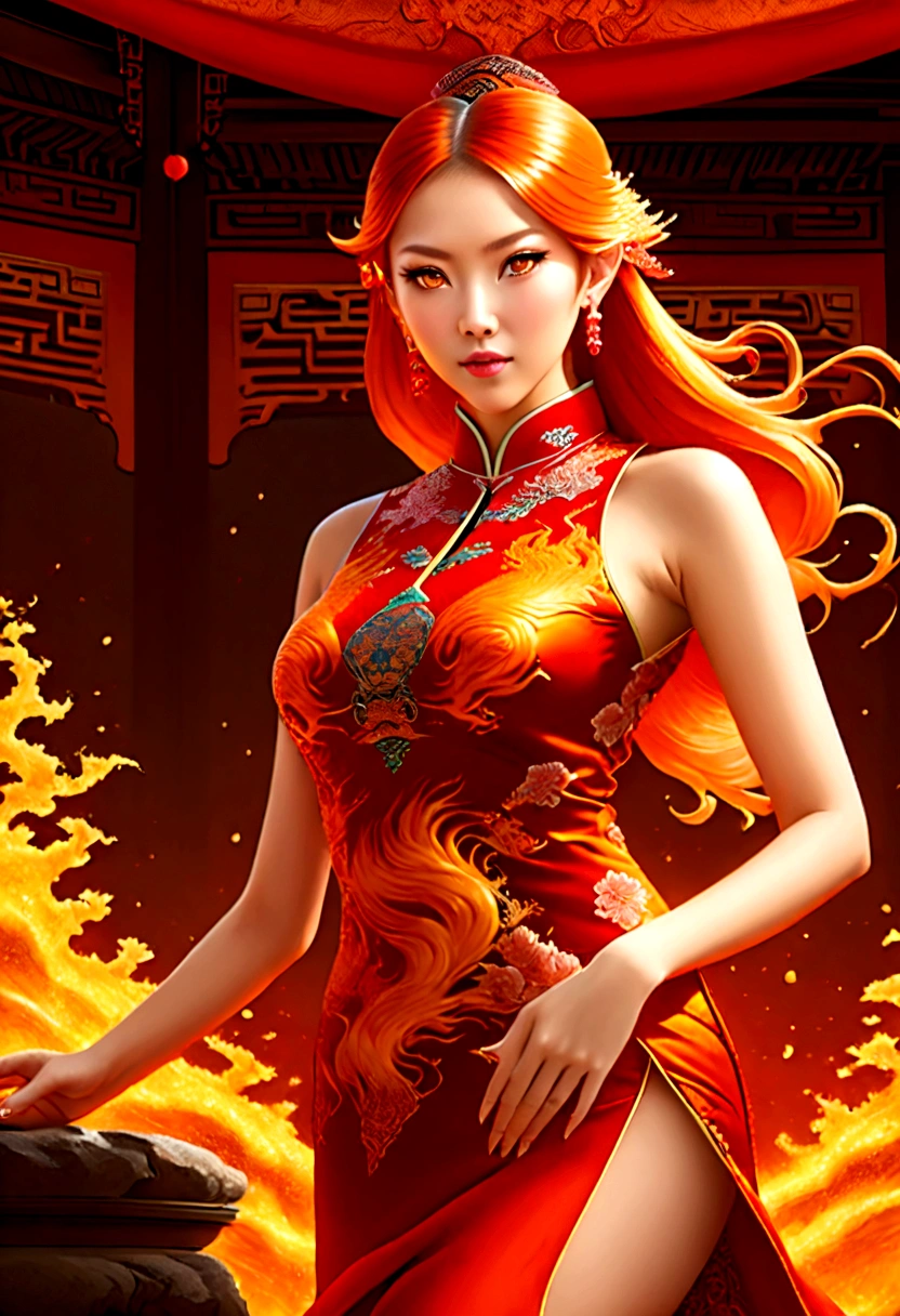 high details, best quality, 16k, [ultra detailed], masterpiece, best quality, (extremely detailed), full body, ultra wide shot, photorealistic, fantasy art, dnd art, rpg art, realistic art, an ultra wide picture of a female elf (intricate details, wearing fiery (Cheongsam: 1.3), Masterpiece, best quality: 1.5) goddess of fire ((fiery radiant aura)), controlling a swirling red fire, fiery red radiant magic (1.5 intricate details, Masterpiece, best quality), manipulating purple radiant magical symbols, [[divine symbols]] (intricate details, Masterpiece, best quality: 1.5), elf female, blond hair, long hair, hair with aura, with red radiant eyes, intense eyes, ((radiant eyes)), (( red glowing eyes)), she wears Cheongsam with fiery patterns, the fire leaps from the Cheongsam, fantasy volcano back ground, streams of lava, celestial background, ((divine worship atmosphere)), high details, best quality, highres, ultra wide angle, faize