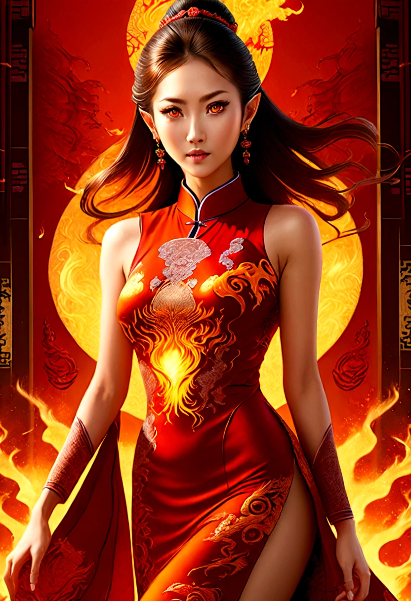 high details, best quality, 16k, [ultra detailed], masterpiece, best quality, (extremely detailed), full body, ultra wide shot, photorealistic, fantasy art, dnd art, rpg art, realistic art, an ultra wide picture of a female elf (intricate details, wearing fiery (Cheongsam: 1.3), Masterpiece, best quality: 1.5) goddess of fire ((fiery radiant aura)), controlling a swirling red fire, fiery red radiant magic (1.5 intricate details, Masterpiece, best quality), manipulating purple radiant magical symbols, [[divine symbols]] (intricate details, Masterpiece, best quality: 1.5), elf female, blond hair, long hair, hair with aura, with red radiant eyes, intense eyes, ((radiant eyes)), (( red glowing eyes)), she wears Cheongsam with fiery patterns, the fire leaps from the Cheongsam, fantasy volcano back ground, streams of lava, celestial background, ((divine worship atmosphere)), high details, best quality, highres, ultra wide angle, faize