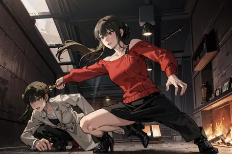 action pose, battle scenes:1.5, (yor forger), red eyes, black skirt, red off shoulder sweater, (big breasts), morning, ((fightin...