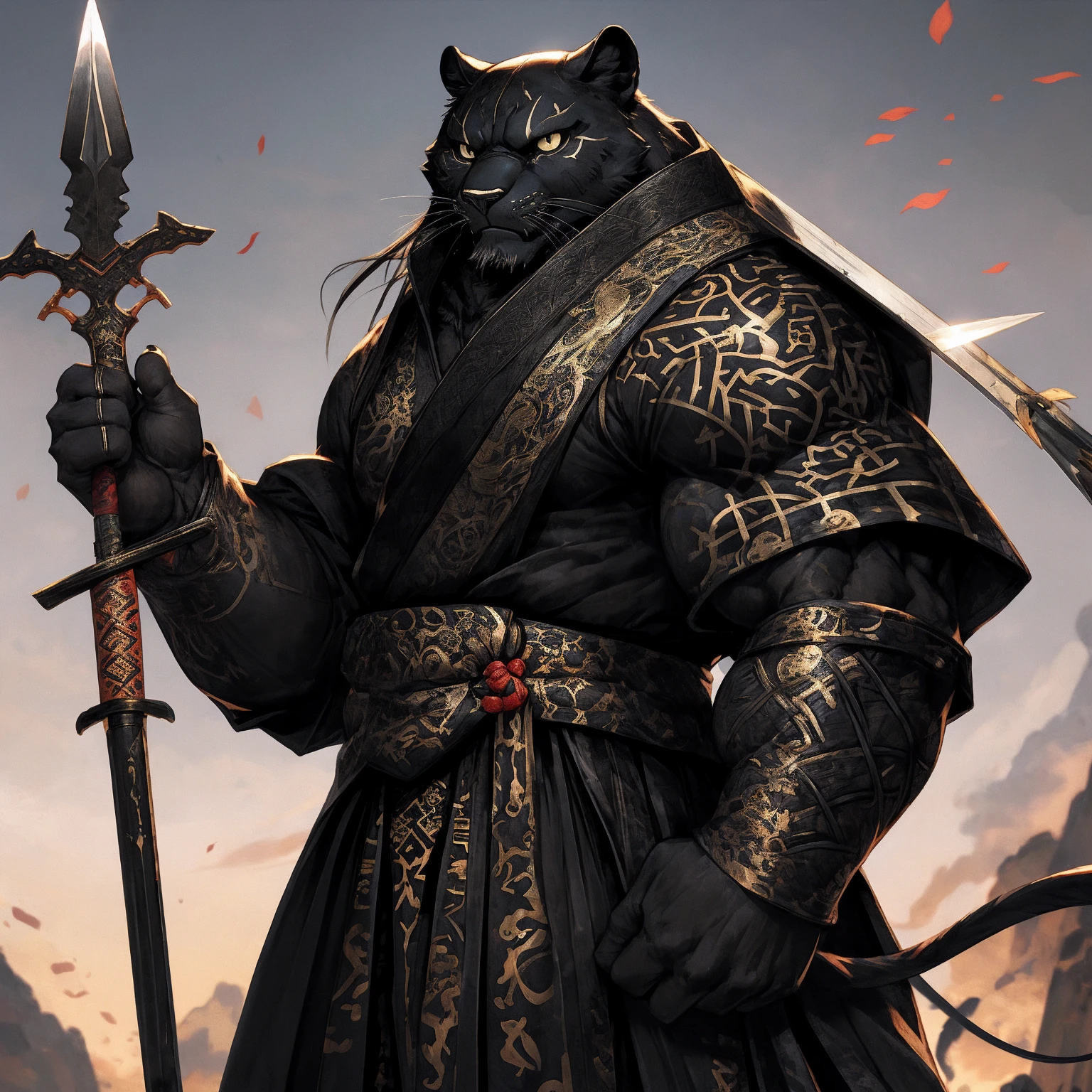 (Black Panther),(Black combat robe),Holding a spear,Powerful gesture,Stand confidently and proudly,Chinese style general holding a sword looking into the distance Longcheng middle-aged serious face beard,Strong,muscle,(high resolution:1.3)