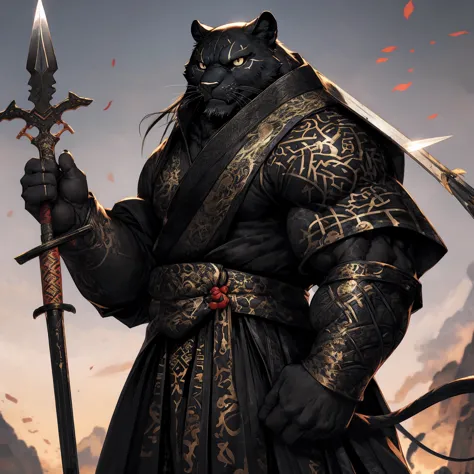 (Black Panther),(Black combat robe),Holding a spear,Powerful gesture,Stand confidently and proudly,Chinese style general holding...
