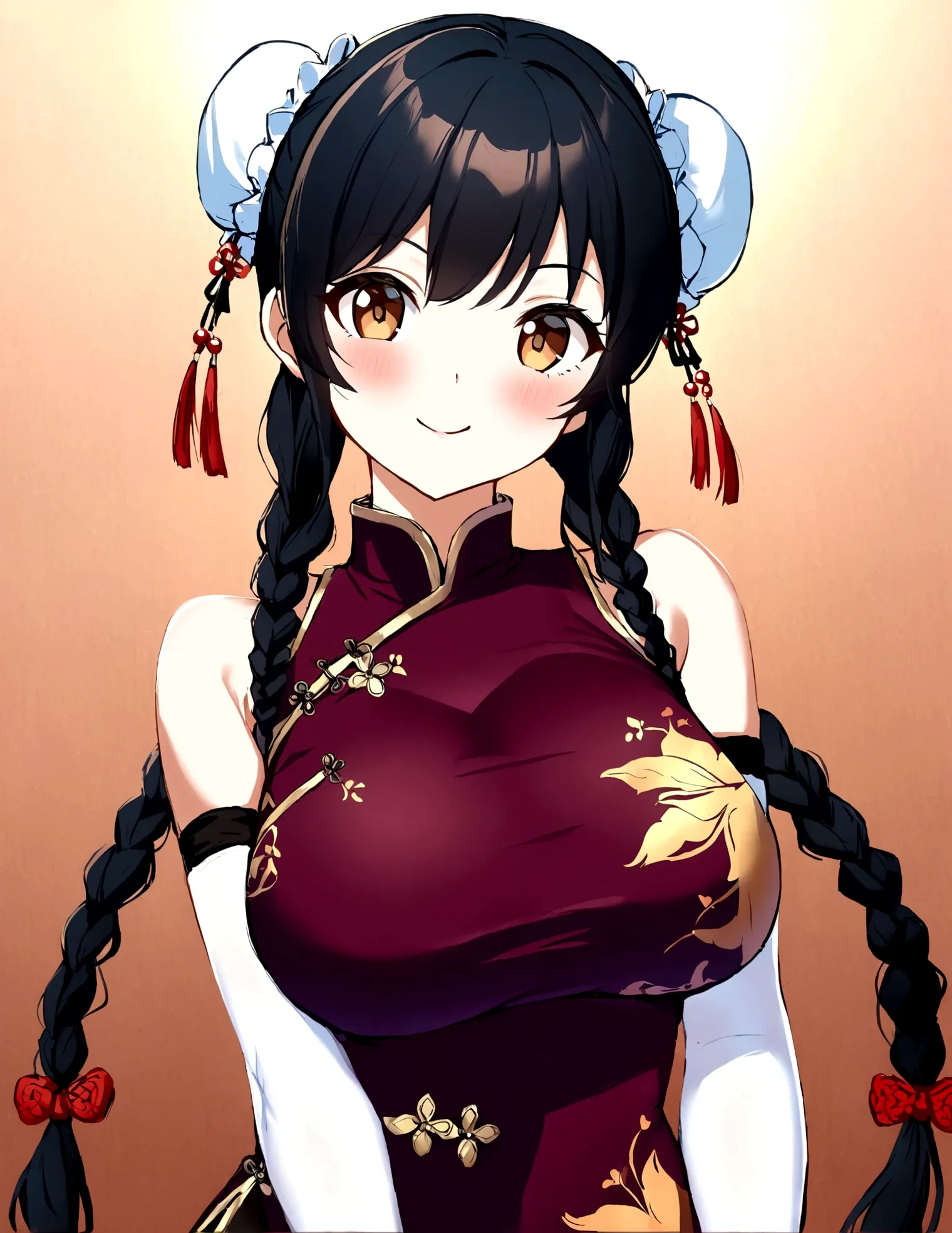 1girl, solo, long hair, breasts, blush, smile, large breasts, black hair, gloves,  cheongsam, bare shoulders, brown eyes, braid,...