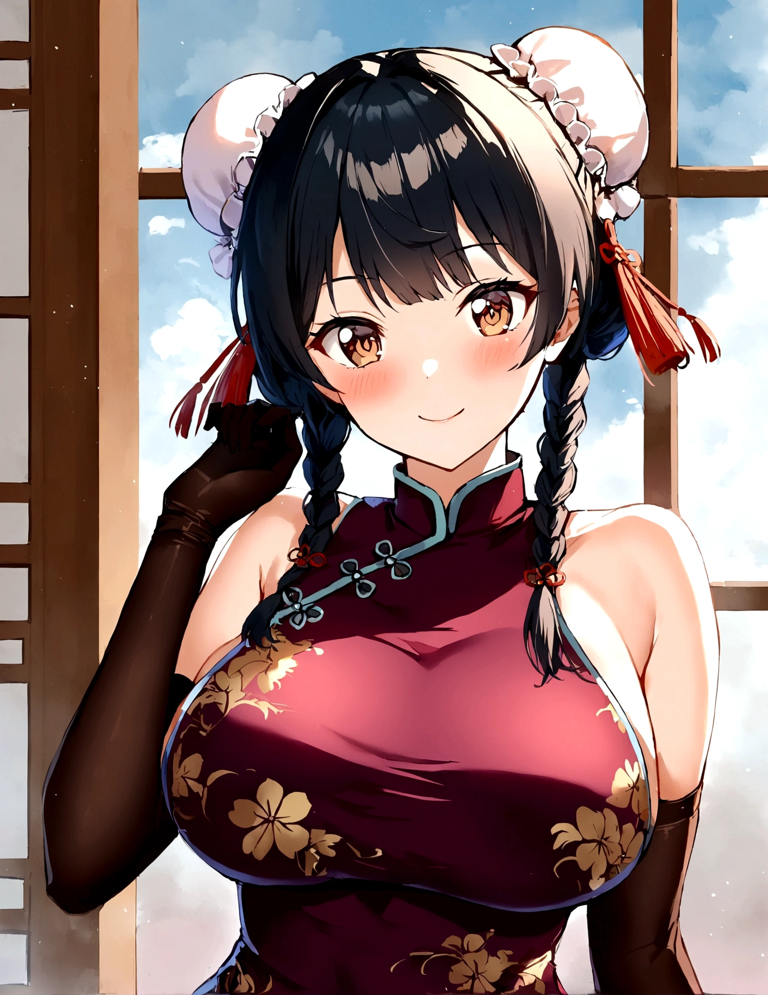 1girl, solo, long hair, breasts, blush, smile, large breasts, black hair, gloves,  cheongsam, bare shoulders, brown eyes, braid, elbow gloves, hair bun, twin braids, double bun, chinese clothes, china dress, bun cover