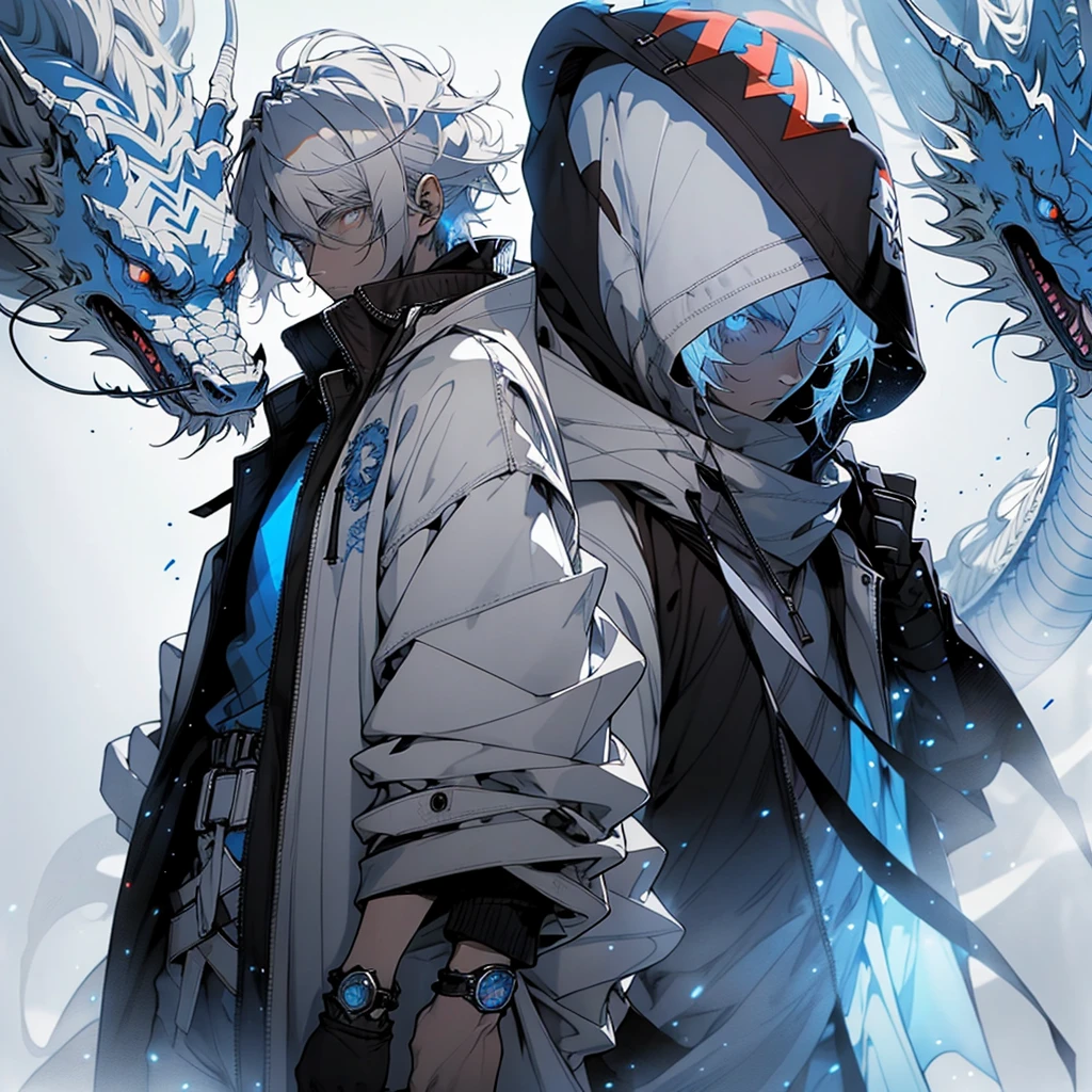 Design 1wizard man shooting a ice beam. Young man with a transparent hooded cape.Light gray hair. Glowing white eyes Wearing a white button-down shirt Wearing blue pants Wearing a brown belt Wearing short brown boots Wearing blue gloves on your hands. Horsing a white dragon