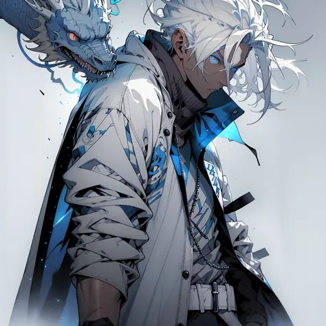 design 1wizard man shooting a ice beam. young man with a transparent hooded cape.light gray hair. glowing white eyes wearing a w...