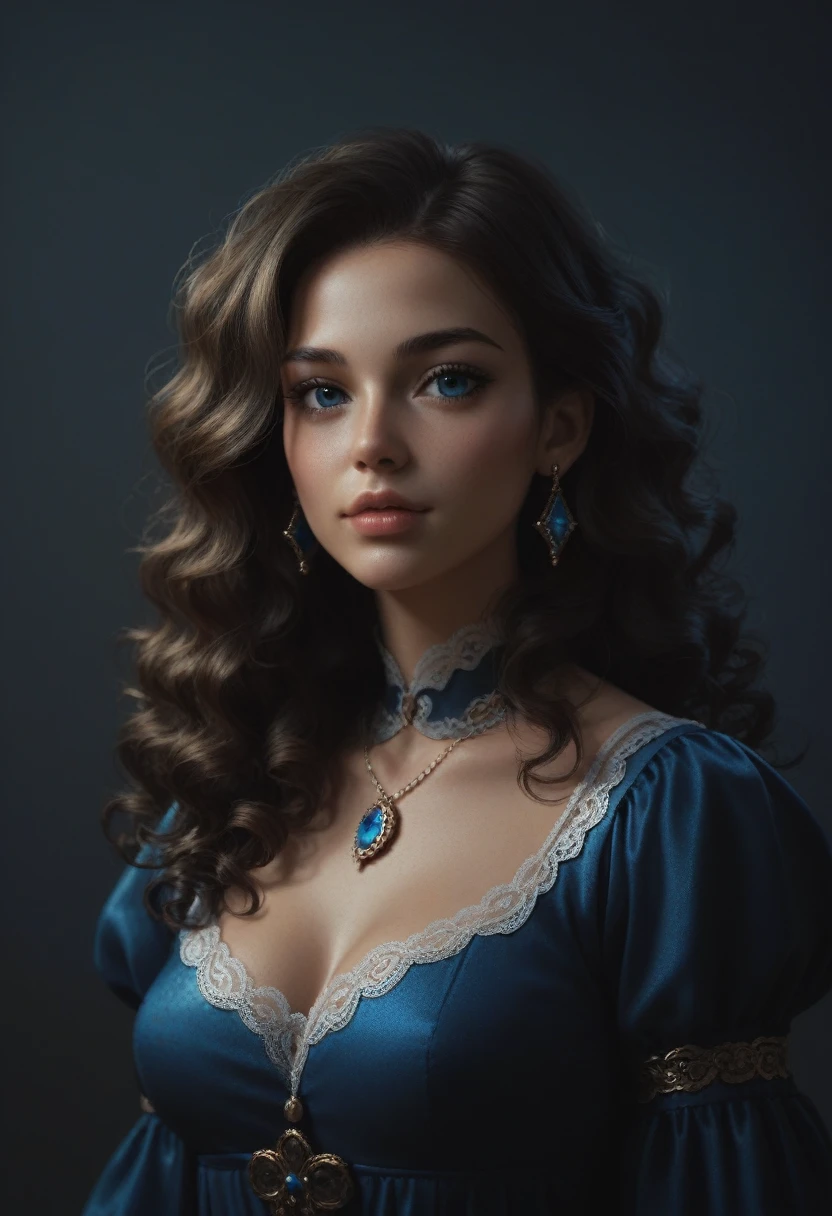 score_9, score_8_up, score_7_up, score_6_up, rating:safe, 1girl, solo, black_hair, wavy_hair, jewelry, dress, blue_eyes, earrings, long_hair, looking_at_viewer, curly_hair, upper_body, lips, lace, blue_dress, (night:1.3), cxqz8r, medieval
