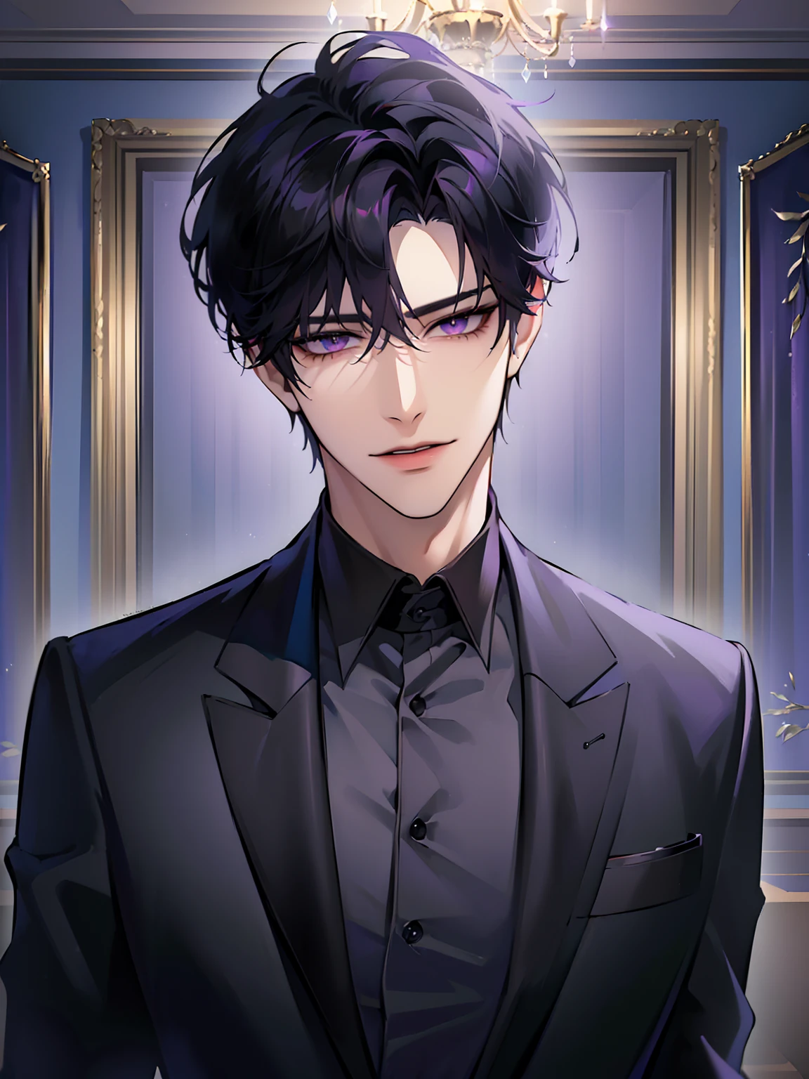 (masterpiece, 4k, 8k, high quality:1.6), 1boy, solo, short hair, black hair, asymmetrical fringe, purple eyes, handsome, sharp eyes, (mature male, mature:1.2), male focus, fashionable, black dress shirt, purple jacket, smile, ballroom, chandelier, indoors