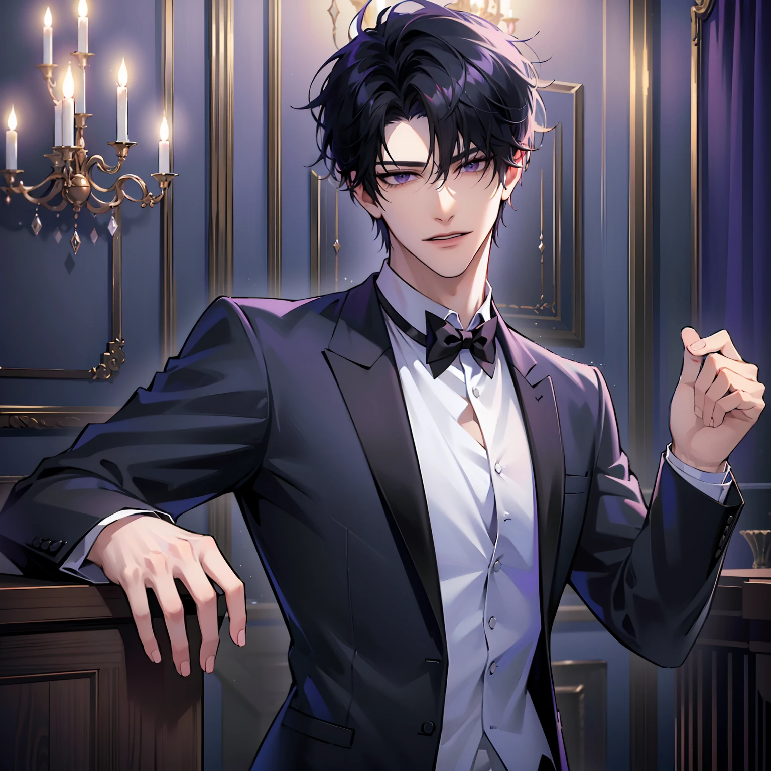 (masterpiece, 4k, 8k, high quality, highres, best quality:1.6), 1boy, solo, short hair, black hair, asymmetrical fringe, purple eyes, handsome, sharp eyes, (mature male, mature:1.2), male focus, fashionable, white dress shirt, purple jacket, smile, ballroom, chandelier, indoors, ultra detailed, toned body shape, leaning on counter, people in background, social gathering