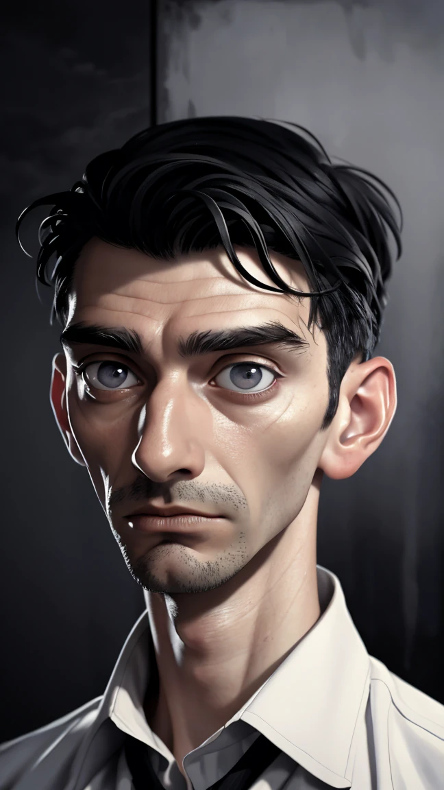 a surreal portrait of Franz Kafka, hyperrealistic, 1 man, detailed facial features, piercing gaze, messy hair, serious expression, wearing a white shirt, mid 20th century, oil painting, dramatic lighting, moody atmosphere, muted color palette, cinematic composition, masterpiece