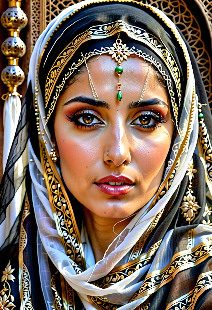 Hyperrealistic style，Close-up，Image of a Middle Eastern woman with long hair and veil，Need to draw a religious pattern decoration on the veil。