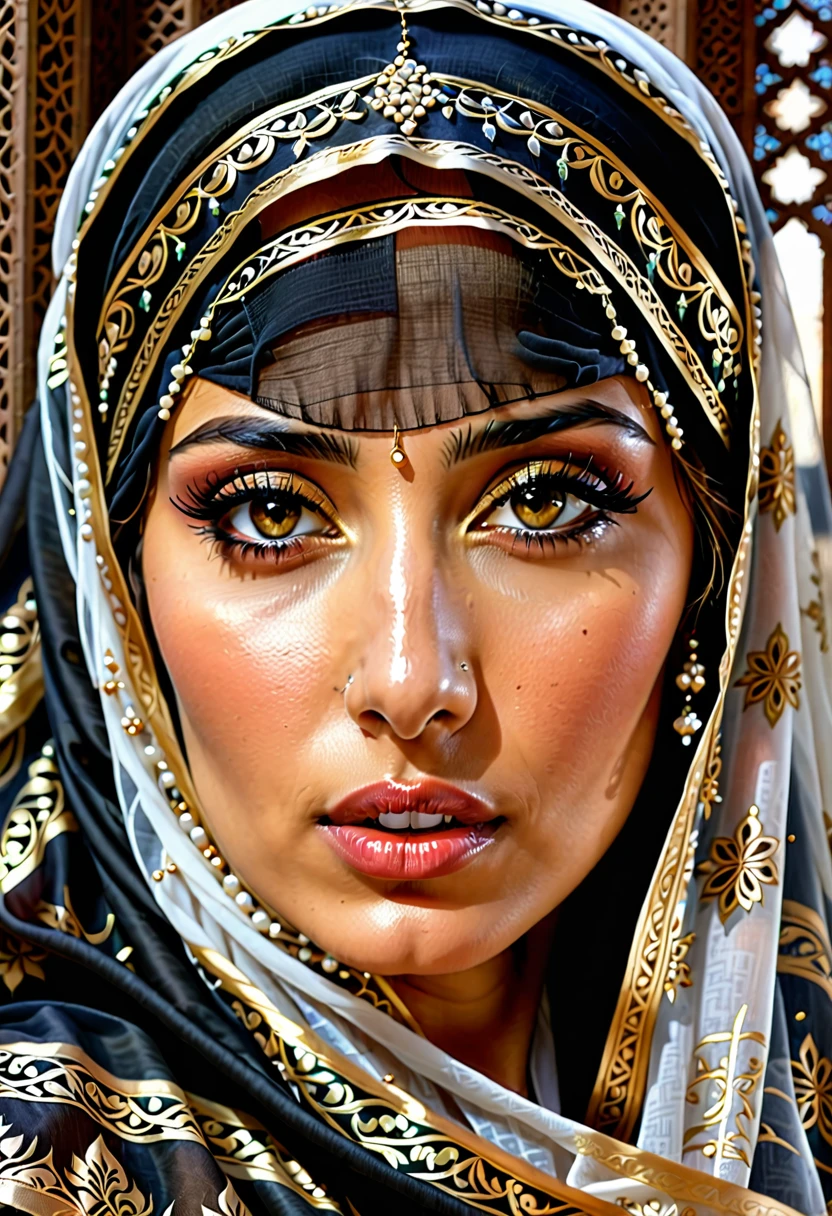 Hyperrealistic style，Close-up，Image of a Middle Eastern woman with long hair and veil，Need to draw a religious pattern decoration on the veil。