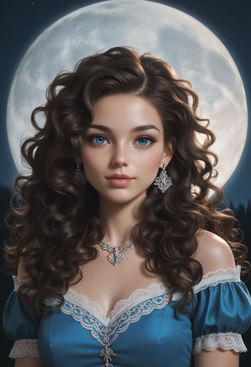 score_9, score_8_up, score_7_up, score_6_up, rating: safe, 1girl, solo, (black_hair:1.3), wavy_hair, jewelry, dress, blue_eyes, earrings, (long_hair:1.4), looking_at_viewer, curly_hair, upper_body, lips, lace, blue_dress, (night:1.3), cxqz8r, medieval_dress, medieval_landscape, fullmoon