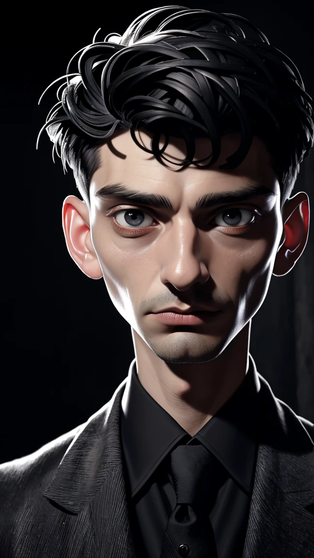 a surreal fantasy portrait of Franz Kafka, extremely detailed face and expression, piercing gaze, intricate details, dark moody lighting, dramatic shadows, muted color palette, oil painting, chiaroscuro, cinematic composition, masterpiece, hyper realistic