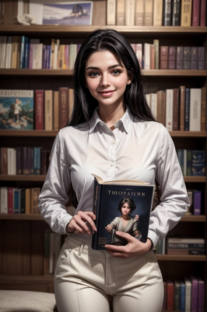 masterpiece, best quality, extremely detailed, hyperrealistic:1.1, photorealistic, a beautiful 20s russian model, ultra detailed face:1.1, white long sleeve shirt, purple pants:1.1, medium hair, black hair, reading a book, ultra detailed library, joyfun smile