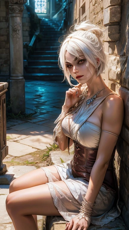 white hair (better lighting, best shadow, masterpiece, high quality), showy, dynamic, gothic feeling, many bright colors, beautiful woman in light summer clothes, loose hair, sitting, sad face, looking to the camera. tears on his face