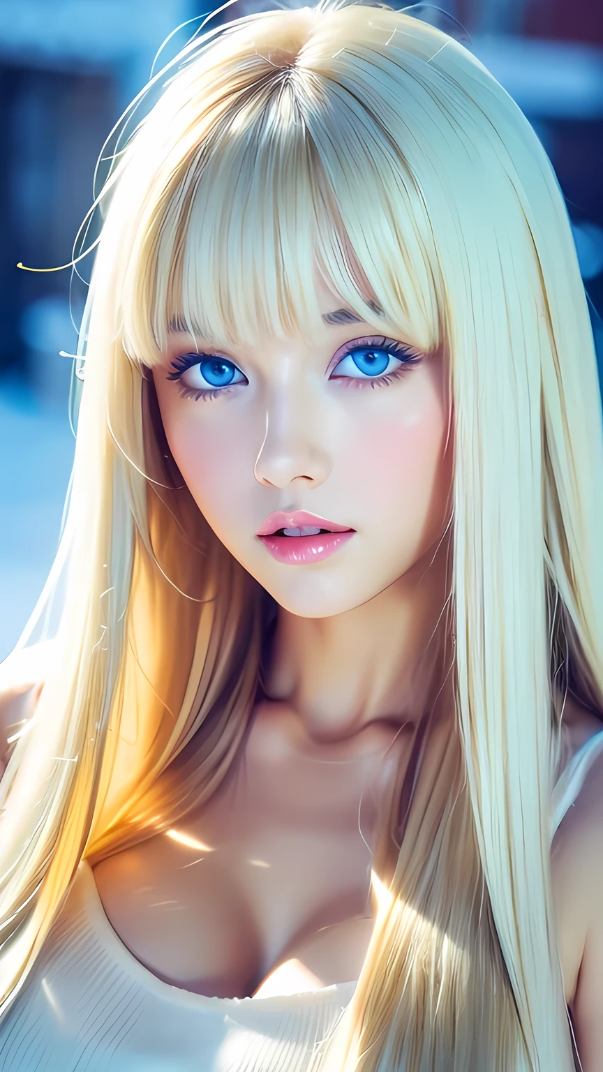 Analogue style portrait of a cute very beautiful young woman with the most beautiful bright blonde super long straight hair in the world、Her messy bangs hang down between her eyes and nose.、Beautiful, Large, shining, pale, bright blue eyes、Snow-white skin、Glowing Skin、