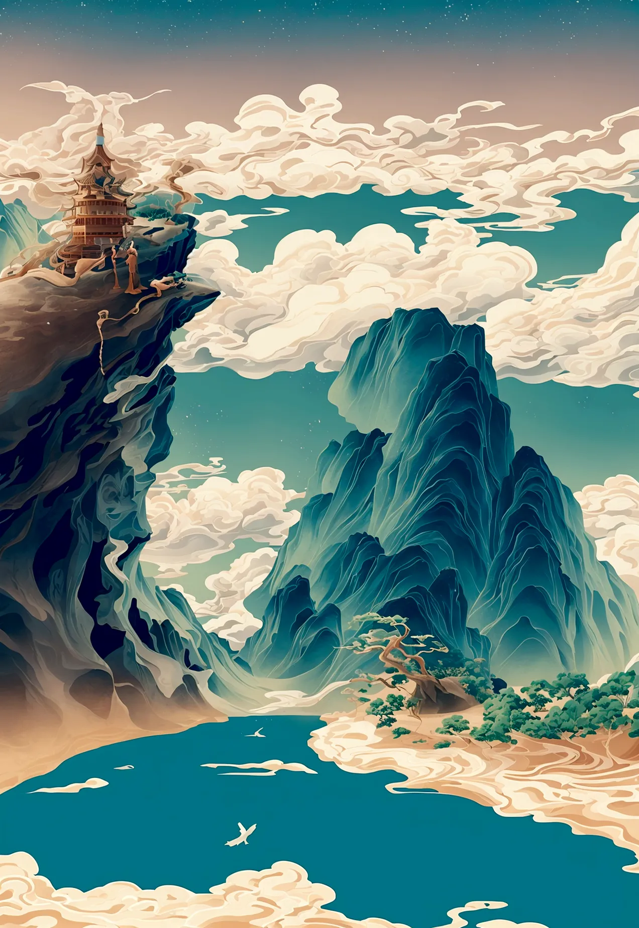 Generate a scene with a cliff and a sea of clouds below