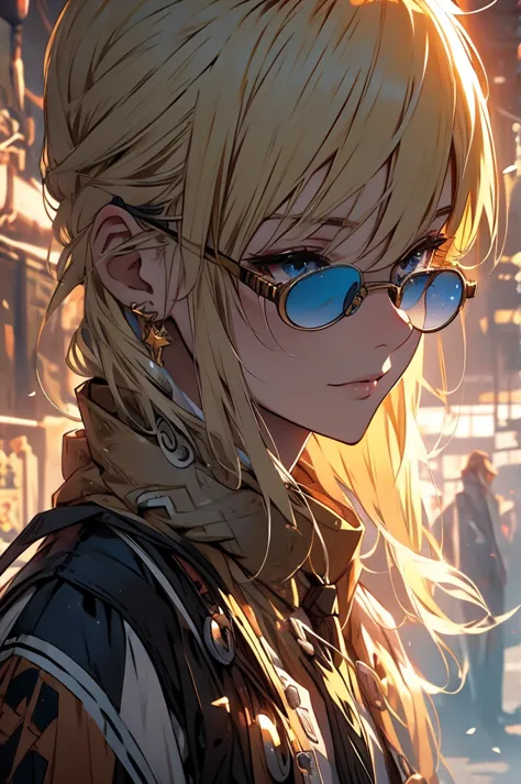 blonde, round glasses, cool, gear accessories, anime style