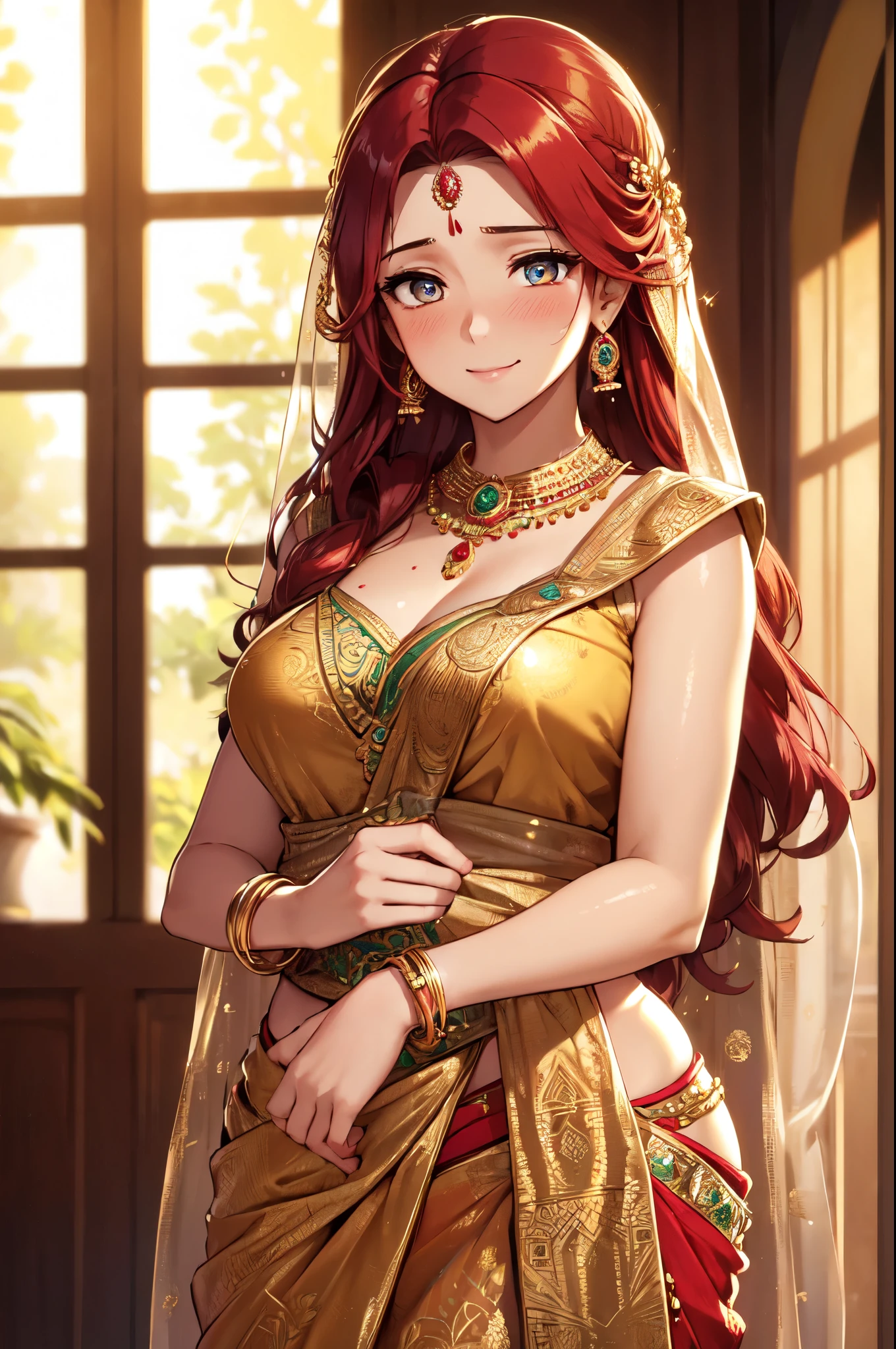 (High quality, High resolution, Fine details), traditional sari dress, intricate sari with detailed patterns, ornate jewelry, solo, curvy adult women, red hair, sparkling eyes, (Detailed eyes:1.2), smile, blush, Sweat, Oily skin, Waist Shot, warm lighting, golden hour, Soft tones, shallow depth of field