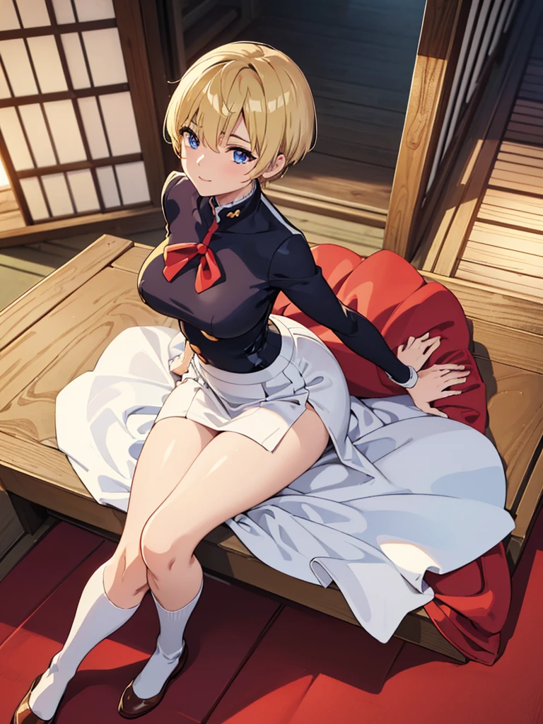 (masterpiece, best quality, very detailed, 16K anime high resolution, anime style, clean brush strokes, very detailed, anatomically perfect body), ((tenka izumo)), single beautiful girl, solo, (perfect face, very detailed), smiling, beautifully detailed eyes, blue eyes, (short hair, blonde, thick hair between eyes, bangs), table top, (big boobs: 0.6), (sailor suit, red, long sleeves), high body, smooth body line, wide waist: 0.4, big butt: 0.5, (long skirt, red), soft thighs, (white socks, dark brown student leather shoes), (sexy pose), looking at the viewer, (medieval Japanese background, Japanese house, noren, wooden house), (front view, shot from above), core_9_up, score_8_up, score_7_up, core_6_up, source_anime,