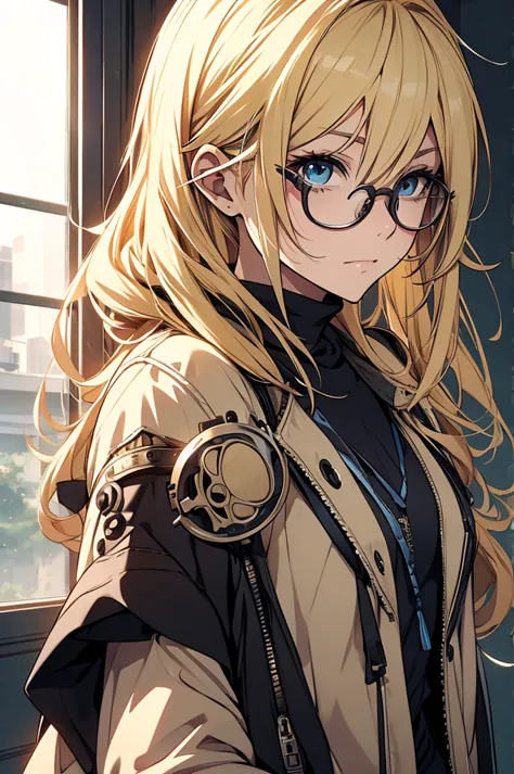 blonde, round glasses, cool, gear accessories, anime style