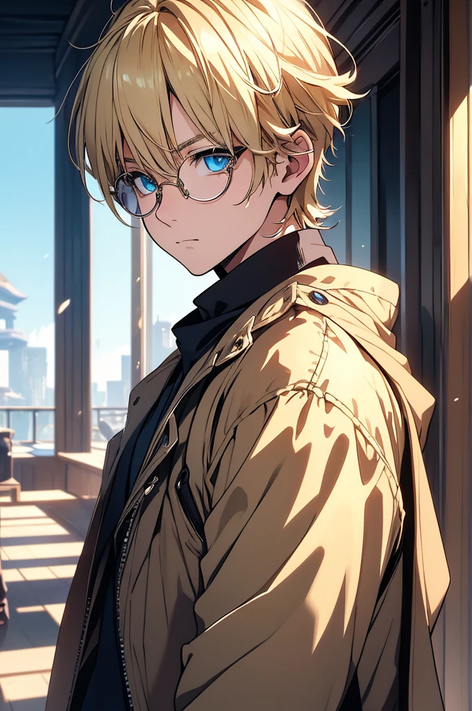 Blonde, Round Glasses, cool, Gear Accessories, anime, beautiful, masterpiece, Highest quality, (1 Boy:1.5), (Shining Eyes:1.3), (Beautifully detailed eyes:1.1)、[[Delicate fingers and hands:0.55]::0.85], (Detailed reference),