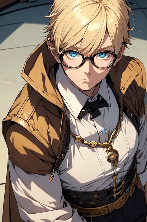 blonde, round glasses, cool, gear accessories, anime, beautiful, masterpiece, highest quality, (1 boy:1.5), (shining eyes:1.3), ...