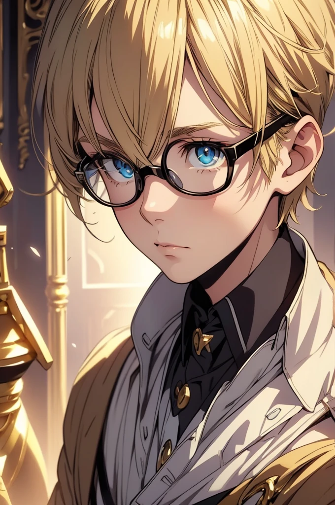 Blonde, Round Glasses, cool, Gear Accessories, anime, beautiful, masterpiece, Highest quality, (1 Boy:1.5), (Shining Eyes:1.3), (Beautifully detailed eyes:1.1)、[[Delicate fingers and hands:0.55]::0.85], (Detailed reference),