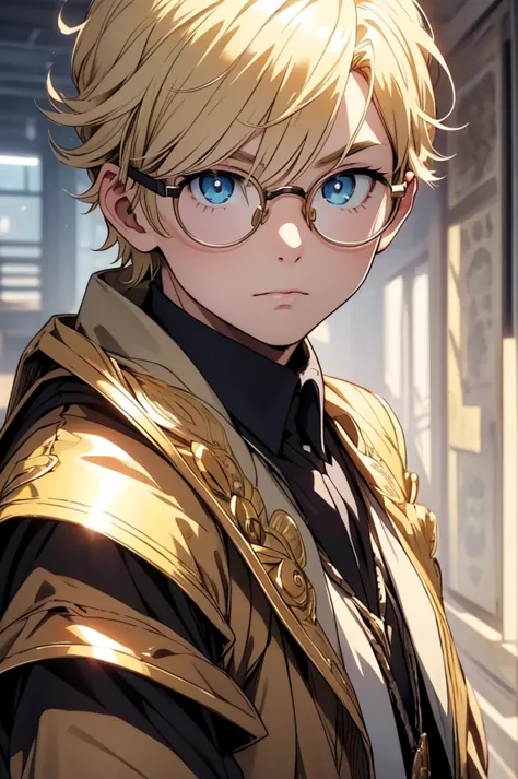 blonde, round glasses, cool, gear accessories, anime, beautiful, masterpiece, highest quality, (1 boy:1.5), (shining eyes:1.3), ...