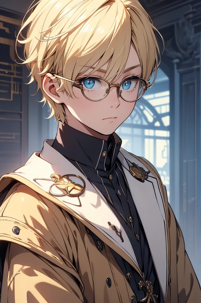 Blonde, Round Glasses, cool, Gear Accessories, anime, beautiful, masterpiece, Highest quality, (1 Boy:1.5), (Shining Eyes:1.3), (Beautifully detailed eyes:1.1)、[[Delicate fingers and hands:0.55]::0.85], (Detailed reference),