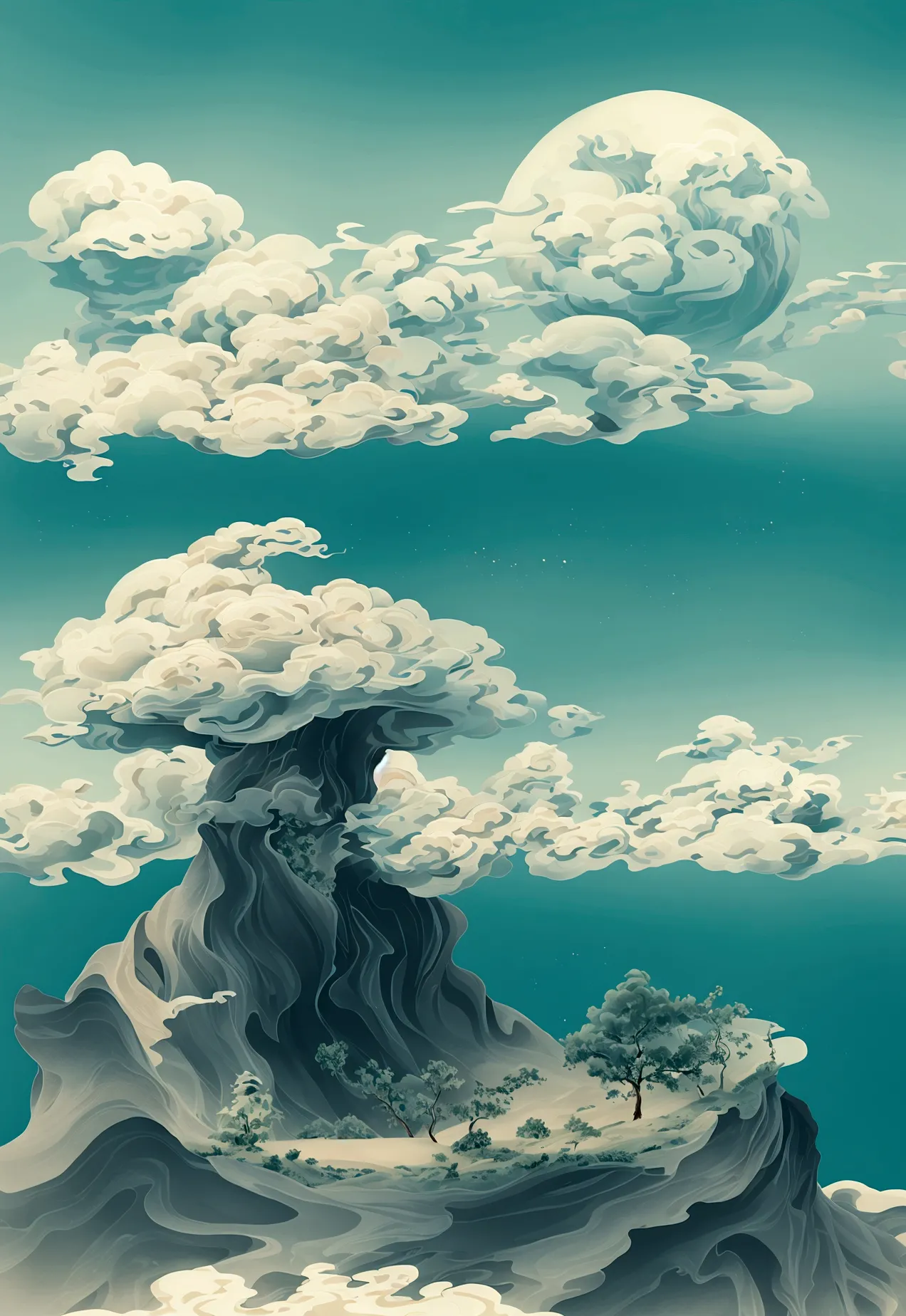 generate a scene with a cliff and a sea of clouds below