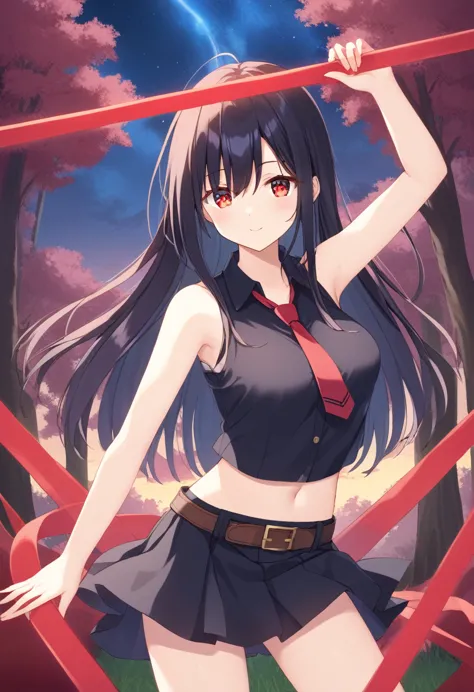 agkakame, akame, long hair, black hair, (red eyes:1.3), hair between eyes,
break skirt, dress, necktie, sleeveless, belt, shirt,...